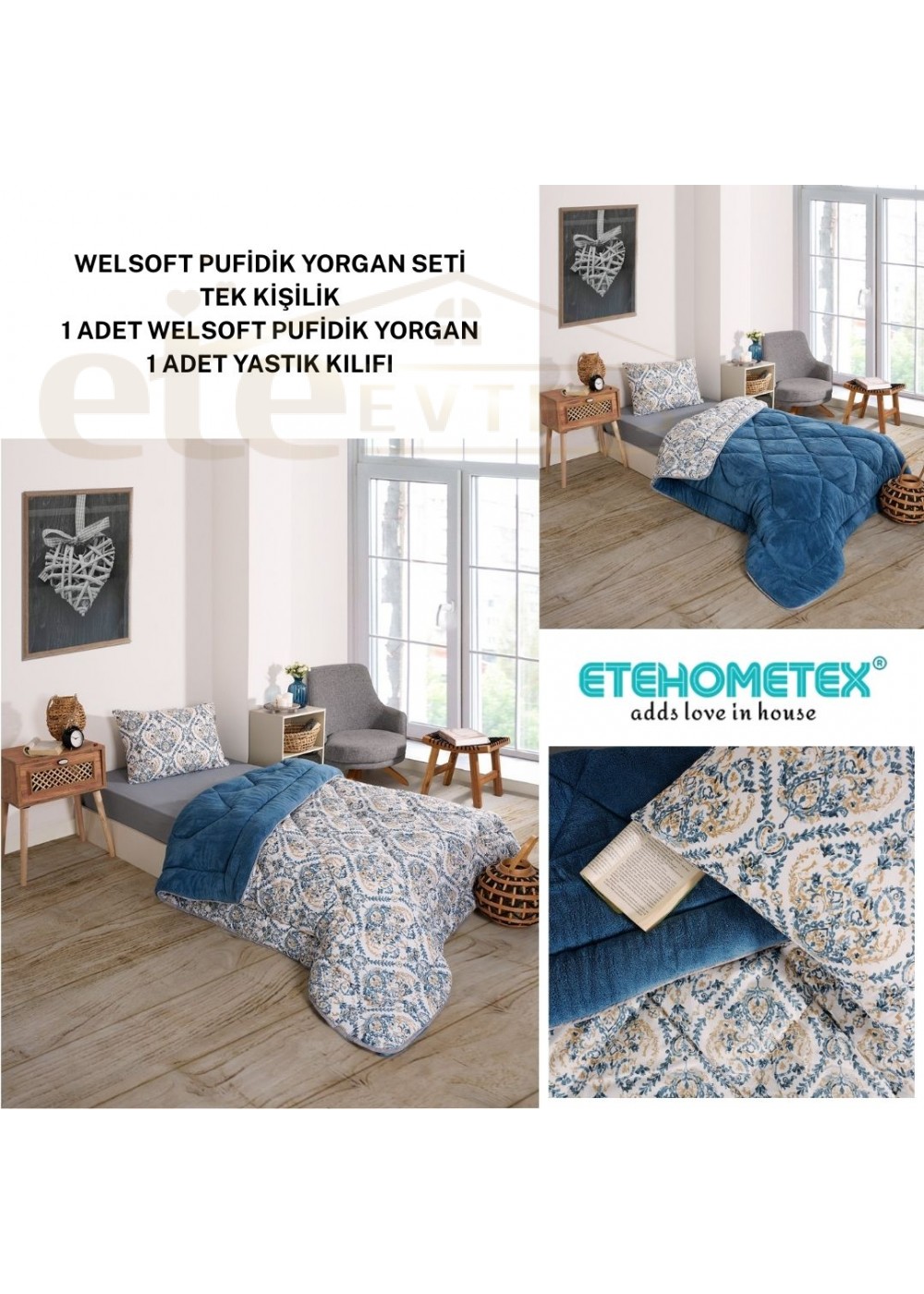 ETE HOMETEX TEK KİŞİLİK LÜX WELSOFT YORGAN SETİ AKSU İNDİGO 155X215CM 8696474231958